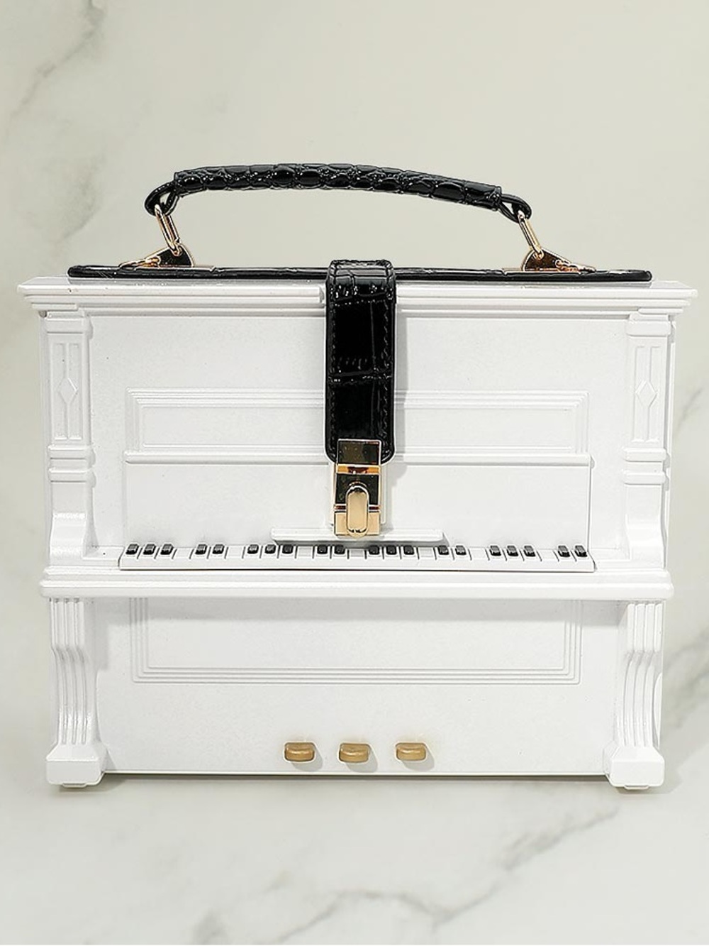 White Piano-Shaped Top Handle Bag with Black Croc Strap